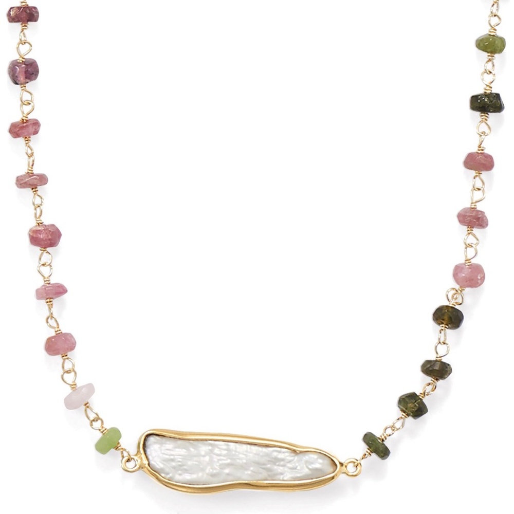 New! 24" 14 Karat Gold Plated Tourmaline and Cultured Freshwater Pearl Necklace